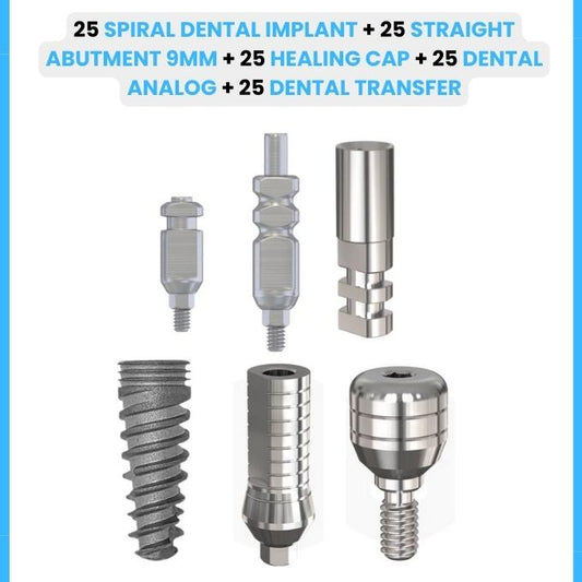 25 Spiral Dental Implant + 25 Straight Abutment 9mm + 25 Healing Cap + 25 Dental Analog + 25 Dental Transfer - Spiral Implant