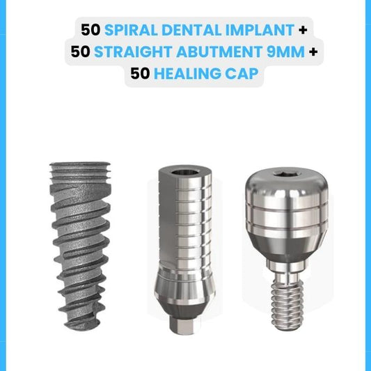 50 Spiral Dental Implant + 50 Straight Abutment 9mm + 50 Dental Healing Cap - Spiral Implant