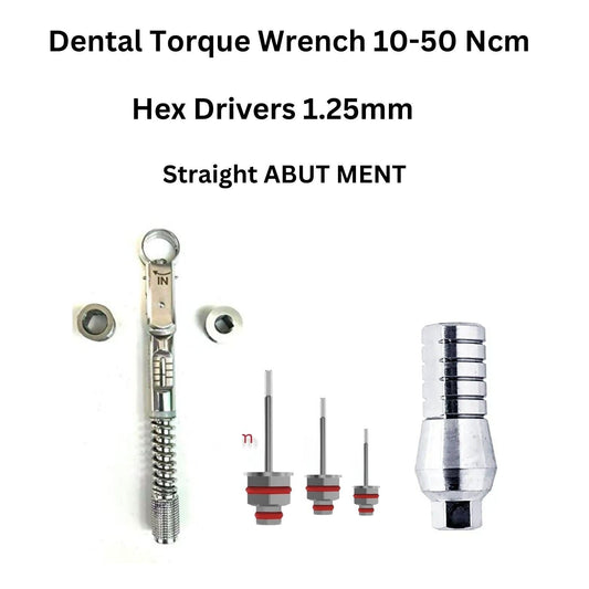 Dental Implant Torque Wrench 10-50 Ncm With 2 Hex Drivers 1.25mm and 15 Dental Straight Abutments - Spiral Implant